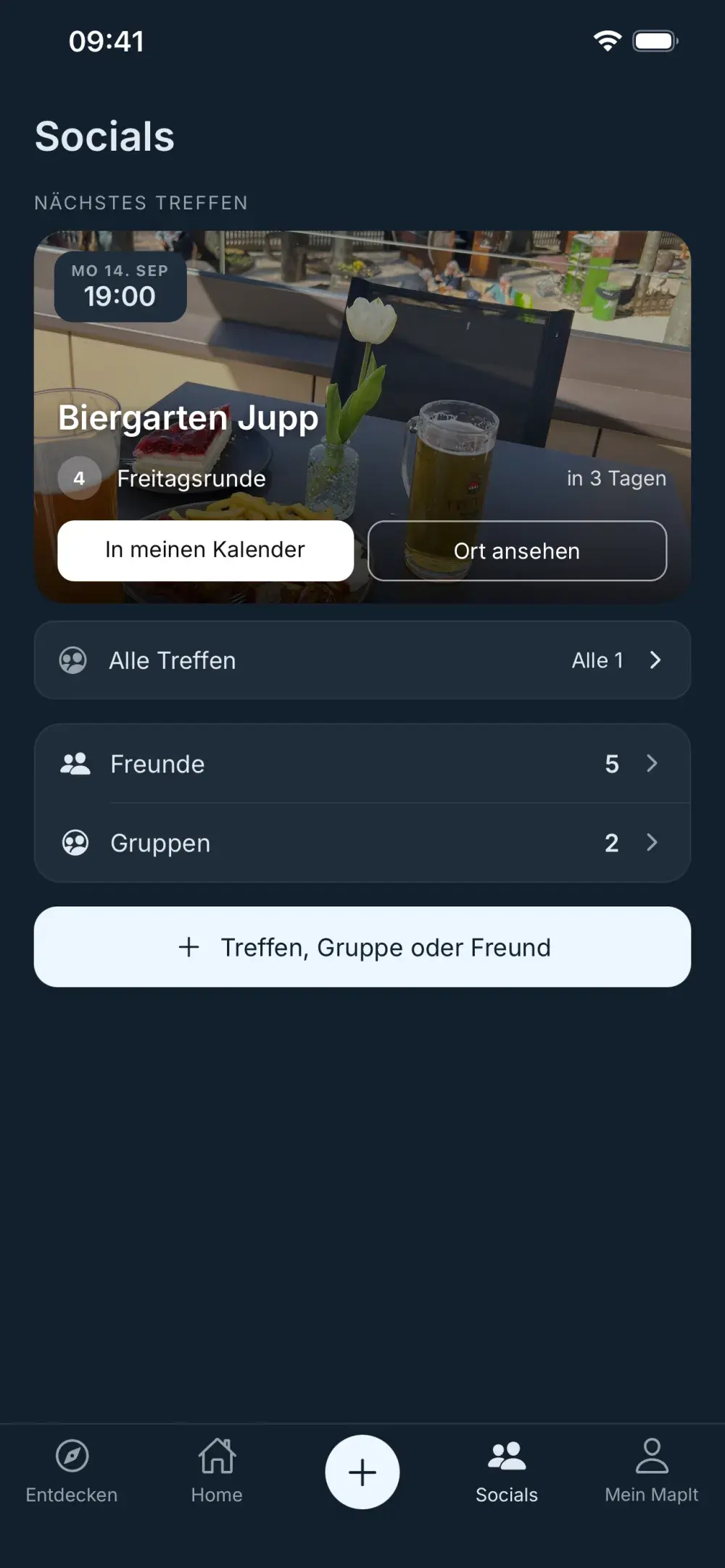 Socials-Ansicht in MapIt mit dem naechsten Treffen, Freunden und Gruppen